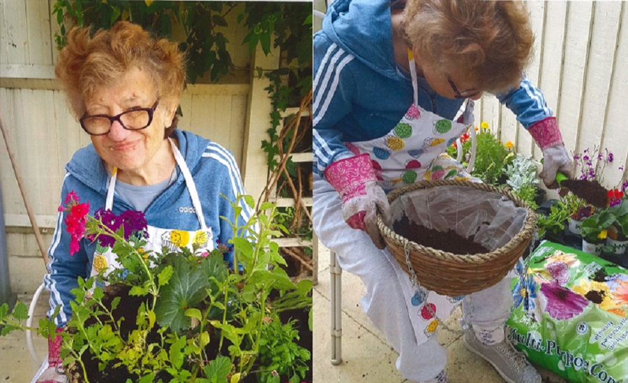 Woman planting flower pots